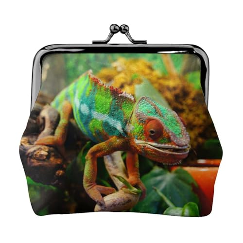 Süßes Chamäleon-Druck, Doppelverschluss, Metallrahmen, Leder, Kussschloss, Kleingeldtasche, Geldbörse für Damen, mit Schlüssel, kleine Geldbörsen, Schwarz , Einheitsgröße von EZDLOWVBA