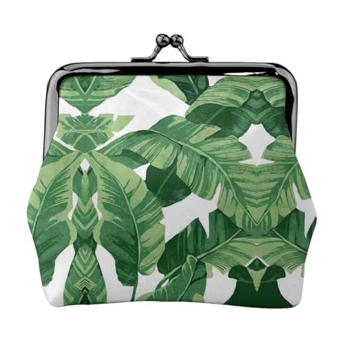 Süßes grünes Palmblatt-Druck, Doppelverschluss, Metallrahmen, Leder, Kussschloss, Kleingeldtasche, Geldbörse für Damen, mit Schlüssel, kleine Geldbörsen, Schwarz , Einheitsgröße von EZDLOWVBA