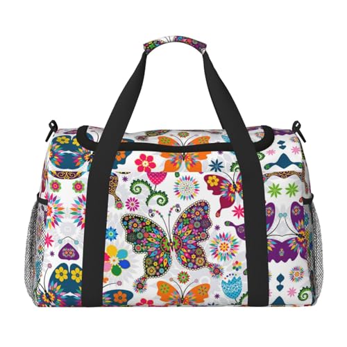 Wochenendtasche mit Frühlingsblumen-Schmetterlings-Aufdruck, Turnbeutel, Handgepäck, Wochenendtasche, Reisetasche und Schultertasche für Reisen und Fitness Wochenendtasche mit Frühlingsblumen-Schmetterlings-Aufdruck, Turnbeutel, Handgepäck, Wochenendtasche, Reisetasche und Schultertasche für Reisen und Fitness von EZDLOWVBA