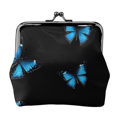 Wunderschöner blauer Schmetterlings-Druck, Doppelverschluss, Metallrahmen, Leder, Kussschloss, Kleingeldtasche, Geldbörse für Damen, mit Schlüssel, kleine Geldbörsen, Schwarz , Einheitsgröße von EZDLOWVBA