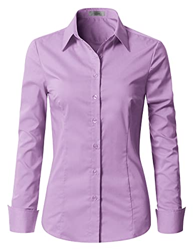 EZEN Damen Slim Fit Langarm Stretch Button Down Kragen Hemd Bluse, Wbds003-Licht Lila, XX-Large von EZEN