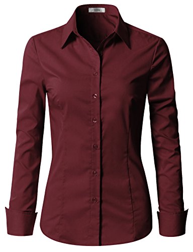 EZEN Damen Slim Fit Langarm Stretch Button Down Kragen Hemd Bluse, Wbds003-wine, X-Groß von EZEN