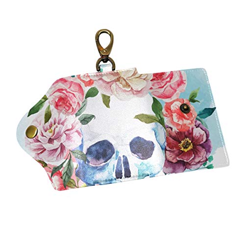 EZIOLY Aquarell Schädel Blume PU Leder Auto Schlüsselanhänger Kartenhalter mit 6 Haken & 1 Schlüsselbund/Ring, Mehrfarbig, Einheitsgröße von EZIOLY