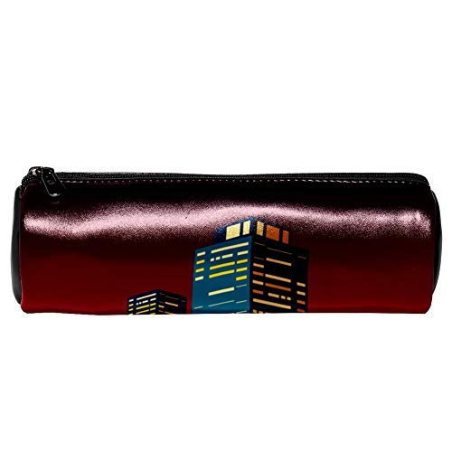 EZIOLY Cartoon Night City Leder Barrel Stift Bleistift Fall Münze Geldbörse Tasche Kosmetik Make-up Tasche für Schüler Schreibwaren Schule Arbeit Büro Lagerung von EZIOLY