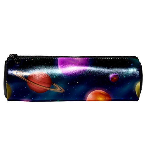 EZIOLY Colorful Planet Federmäppchen aus Leder, Stifteetui, Münztasche, Kosmetiktasche, Make-up-Tasche für Studenten, Schreibwaren, Schule, Arbeit, Büro, Aufbewahrung von EZIOLY