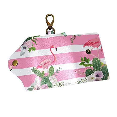 EZIOLY Rosa Flamingos Streifen Kaktus PU Leder Auto Schlüsselanhänger Kartenhalter mit 6 Haken & 1 Schlüsselbund/Ring, Mehrfarbig, Einheitsgröße von EZIOLY