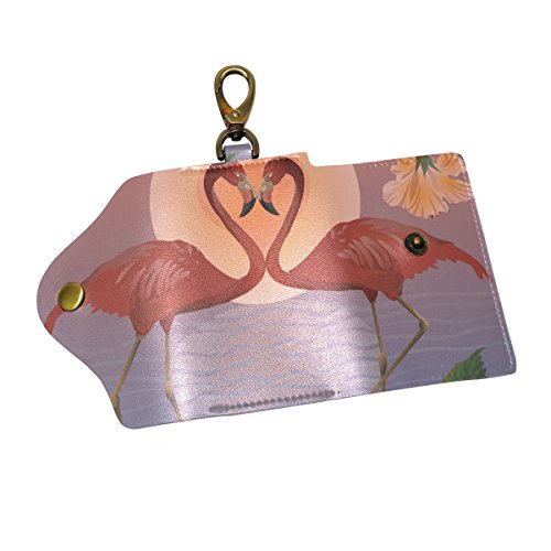 EZIOLY Rote Flamingos und der Mond PU Leder Auto Schlüsselanhänger Kartenhalter mit 6 Haken & 1 Schlüsselbund/Ring, Mehrfarbig, Einheitsgröße, Kette von EZIOLY