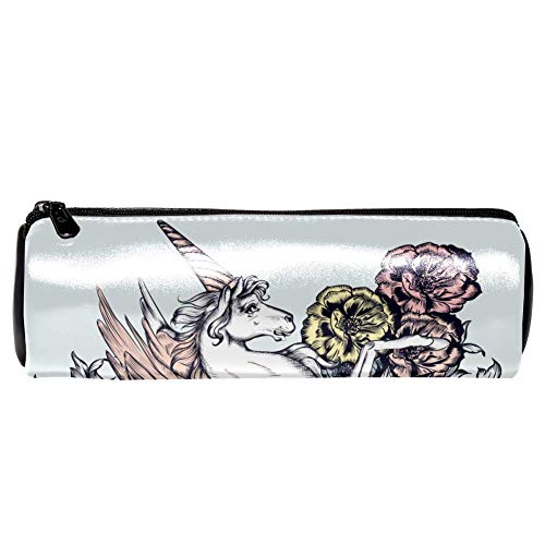 EZIOLY Schönes Einhorn und Blumen Leder Barrel Stift Bleistift Fall Münze Geldbörse Tasche Kosmetik Make-up Tasche für Schüler Schreibwaren Schule Arbeit Büro Lagerung von EZIOLY