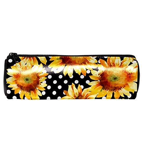 EZIOLY Sonnenblumen Nahtloses Muster Leder Fass Stift Federmäppchen Münze Geldbörse Tasche Kosmetik Make-up Tasche für Student Schreibwaren Schule Arbeit Büro Aufbewahrung von EZIOLY