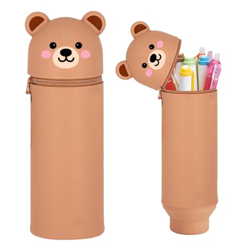 EZOULUOBA 2-in-1 Schulmäppchen aus weichem Silikon, Kawaii Federmäppchen, Cartoon Federmäppchen, Tischstifthalter, Stand Up Federmäppchen, Stifte Mäppchen (Brown Bear) von EZOULUOBA