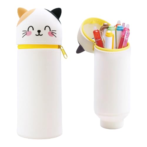 EZOULUOBA 2-in-1 Schulmäppchen aus weichem Silikon, Kawaii Federmäppchen, Cartoon Federmäppchen, Tischstifthalter, Stand Up Federmäppchen, Stifte Mäppchen (Smiley Cat) von EZOULUOBA