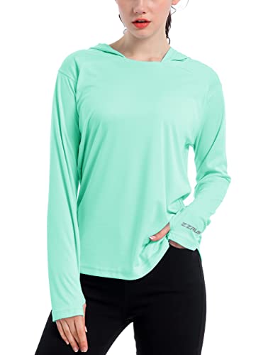 Damen LSF 50+ Sonnenschutz Hoodie Shirts Langarm LSF Laufen Wandershirt für Frauen - Grün - Groß von EZRUN