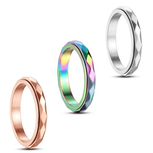 EZSONA 3 rotgoldene Ringe für Frauen, läuft nicht an, Titanstahl, silberfarben, Fidget-Ring-Set, facettierter Spinnerring für Stressabbau, Hochzeitsring für Frauen, Metall, Kein Edelstein von EZSONA