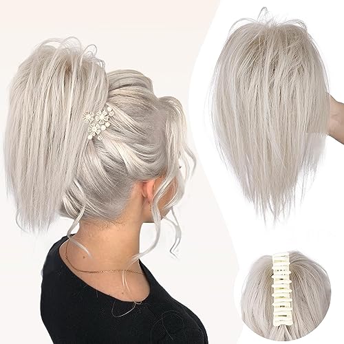 Clip Unordentlicher Dutt, kurzer Pferdeschwanz, braun, zerzauste Hochsteckfrisur, glatte synthetische Chignon-Dutt-Extensions für Damen, Dunkelbraun von EZVFIRPDFZ