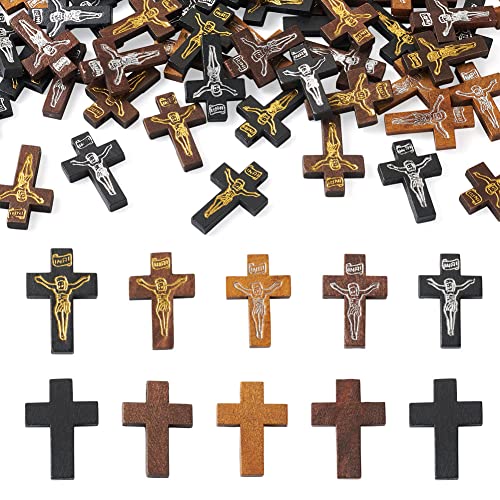 EZVFIRPDFZ 100 Stück Kruzifix-Kreuz-Holzanhänger, Kruzifix, bedruckt, Holzanhänger, gefärbtes Holz, religiöse, baumelnde Charms, 32,5–33,5 mm, für Männer und Frauen, DIY-Oster-Halskette von EZVFIRPDFZ