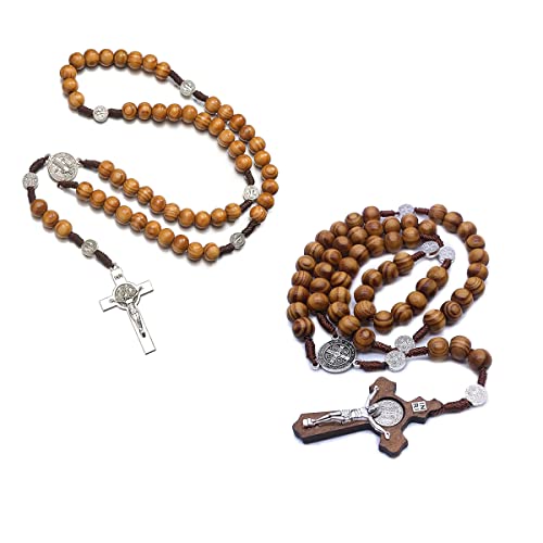EZVFIRPDFZ 2 Packungen handgefertigtes katholisches Kreuz mit Holz-Rosenkranz, Holzkreuz-Halskette, christliches Gebet, Metallkreuz für katholisches oder christliches Geschenk von EZVFIRPDFZ