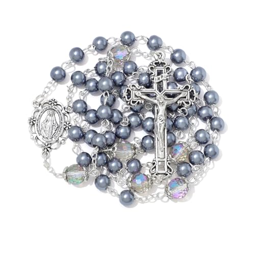 EZVFIRPDFZ 6 mm Perlen-Rosenkranz mit Kruzifix, katholische Halskette für Damen, mit Samtbeutel oder Rosenkranz-Box von EZVFIRPDFZ