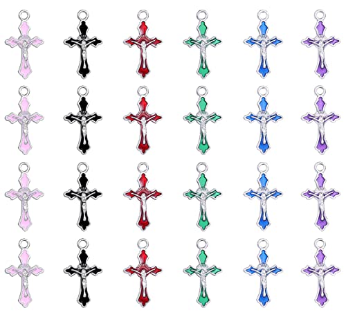 EZVFIRPDFZ 60 Stück 6 Farben Kreuz Emaille Legierung Christlicher Heiliger Benedikt Kruzifix Jesus Heiliger Wundertätige Medaille Rosenkranz Charms DIY Halskette Anhänger Armbänder Schmuckherstellung von EZVFIRPDFZ