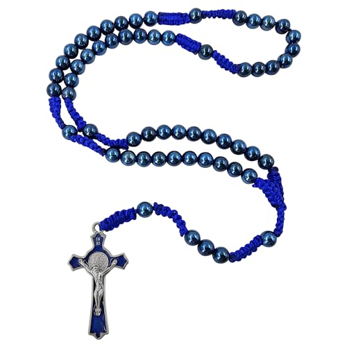 EZVFIRPDFZ 8 mm blaue Häma-Perlen, katholischer Rosenkranz, Halskette für Herren, St. Benedikt, Medaille, Kruzifix, handgefertigt, geflochtene Rosenkränze mit Rosenkranzbeutel und Gebetskarte von EZVFIRPDFZ