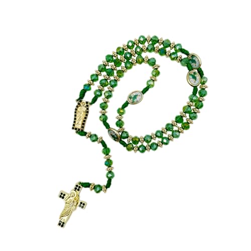 EZVFIRPDFZ Exquisiter Rosenkranz-Anhänger, mexikanische Halskette, geflochtene Schnur, grüne Kristallperlen, Charm-Zubehör für Männer und Frauen, katholischer St. Jude, elegante religiöse Schmuckidee von EZVFIRPDFZ