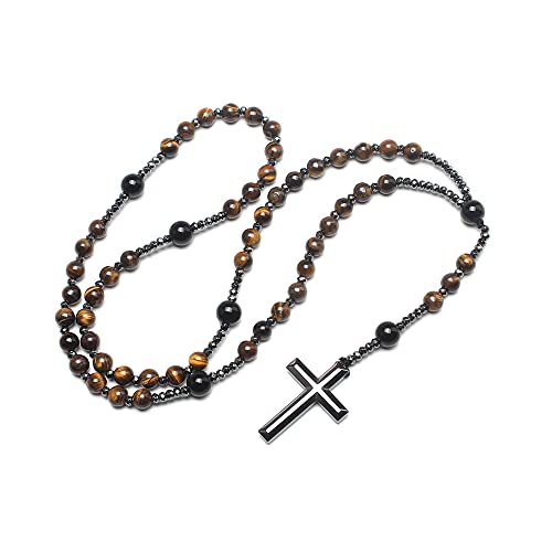 EZVFIRPDFZ Farbenfrohe Bling Naturstein Tiger Schwarzer Stein Rosenkranz Kreuz Anhänger Christus katholische Gebetskette für Herren von EZVFIRPDFZ