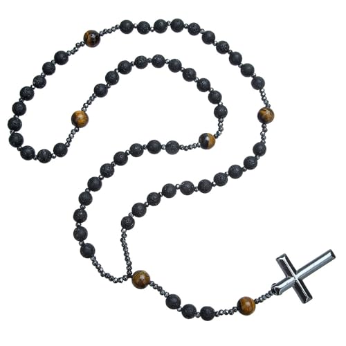 EZVFIRPDFZ Farbenfrohe Bling Naturstein Tiger Schwarzer Stein Rosenkranz Kreuz Anhänger Christus katholische Gebetskette für Herren von EZVFIRPDFZ