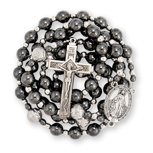 EZVFIRPDFZ Häma-Rosenkranz mit schwarzen Steinperlen, Metallperlen, wundertätige Medaille und Kreuz, Rosenkranz für Damen und Herren von EZVFIRPDFZ