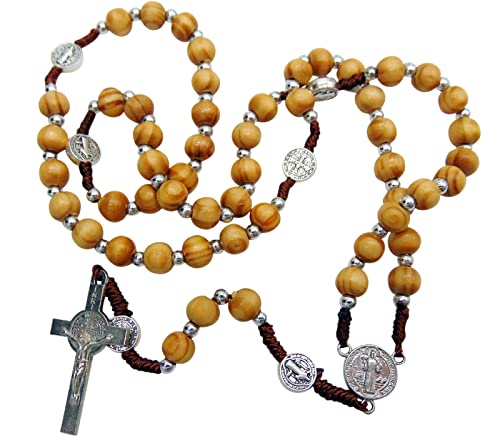 EZVFIRPDFZ Heiliger Benedikt Rosenkranz mit Olivenholz Rosenkranz Perlen mit Metallkruzifix und inklusive Gebetskarte von EZVFIRPDFZ