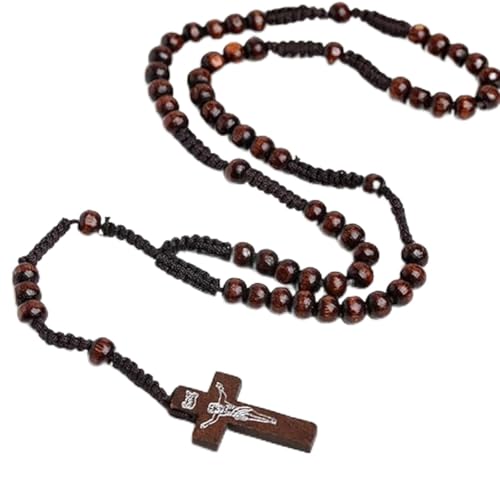 EZVFIRPDFZ Katholische Rosenkranz-Halskette aus Holz mit Jesus-Kruzifix, handgefertigtes Gebet für Männer und Frauen von EZVFIRPDFZ