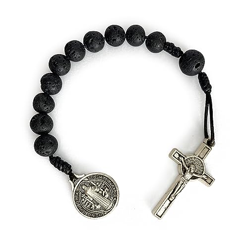 EZVFIRPDFZ Katholischer Gebetstaschen-Rosenkranz, Heiliger Benedikt, Medaille, schwarze Lava-Perlen, San Benito, Tenner, offener Stil, Rosenkranz für ein Jahrzehnt von EZVFIRPDFZ