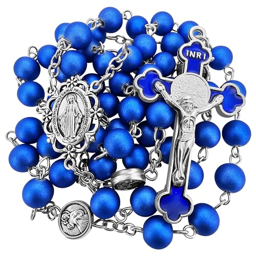 EZVFIRPDFZ Königsblaue Rosenkranz-Perlen, katholische Halskette für Männer und Frauen, Heiliger Benedikt-Kreuz, Kruzifix, Jungfrau Maria, wundertätige Medaille, religiöser Rosenkranz, Box und von EZVFIRPDFZ