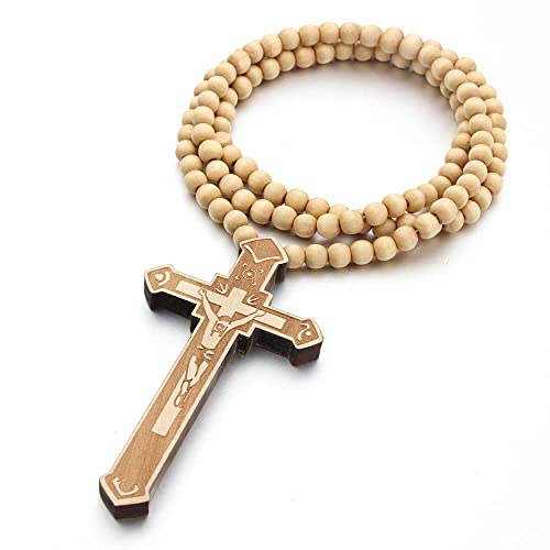 EZVFIRPDFZ Kreuz-Halskette aus Holz für Männer und Frauen, großer großer Jesus-Kruzifix-Anhänger, Naturholz, natürlicher Rosenkranz, Halskette, religiöse, christliche Gebet, Taufe, Schmuck von EZVFIRPDFZ