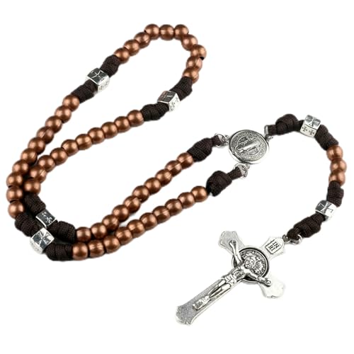 EZVFIRPDFZ Large and Heavy Stainless Steel Beads Rugged Durable Paracord Rosary Necklace for Men with St.Michael Center Piece and St.Benedict Crucifix von EZVFIRPDFZ