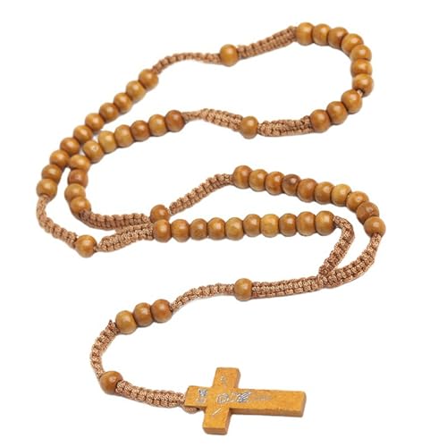 EZVFIRPDFZ Rosenkranz-Halskette mit Naturholzperlen, Boho, handgefertigt, 8 mm, aus Holz mit Jesus-Kreuz, leichtes Seil, Halskette für Männer und Frauen, religiöses, christliches Gebet, Modeschmuck EZVFIRPDFZ Rosenkranz-Halskette mit Naturholzperlen, Boho, handgefertigt, 8 mm, aus Holz mit Jesus-Kreuz, leichtes Seil, Halskette für Männer und Frauen, religiöses, christliches Gebet, Modeschmuck von EZVFIRPDFZ