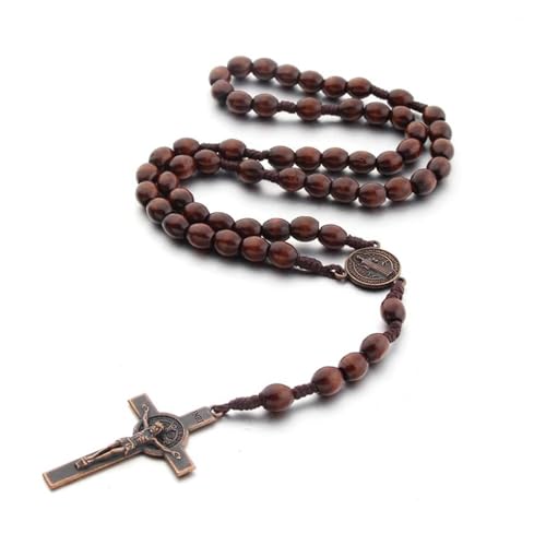 EZVFIRPDFZ Rosenkranz Katholisch für Frauen Rosenkranz Halskette Holz Kreuz Anhänger Halskette Taufe Konfirmation Kommunion von EZVFIRPDFZ