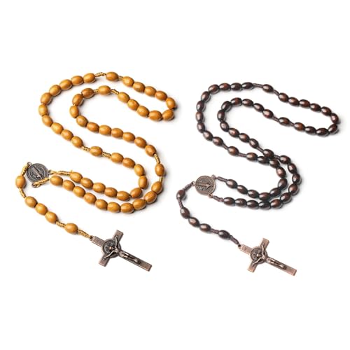 EZVFIRPDFZ Rosenkranz Katholisch für Frauen Rosenkranz Halskette Holz Kreuz Anhänger Halskette Taufe Konfirmation Kommunion von EZVFIRPDFZ