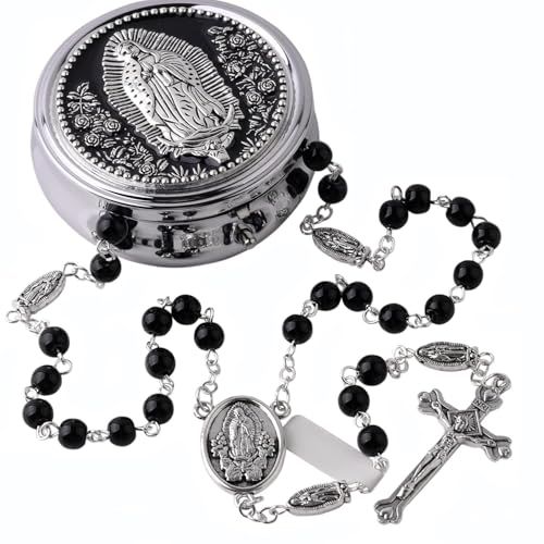 EZVFIRPDFZ Rosenkranz-Perlen, katholisch für Männer und Frauen, St. Benedikt Mittelstück und Kruzifix, schwarze Kristall-Rosenkranz-Perlen mit Heiliger Benedikt-Wunderbox und 18 Gebetskarten von EZVFIRPDFZ