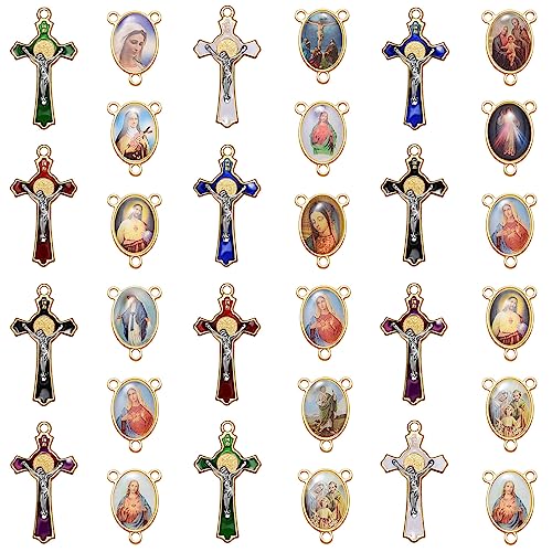 EZVFIRPDFZ Rosenkranz-Set, religiöses Kreuz und Mittelmedaille, Legierung, Emaille, Heiliger Benedikt, Kruzifix-Anhänger, Perlen für Erwachsene, katholischer Schmuck, 24 Stück/12 Sets von EZVFIRPDFZ