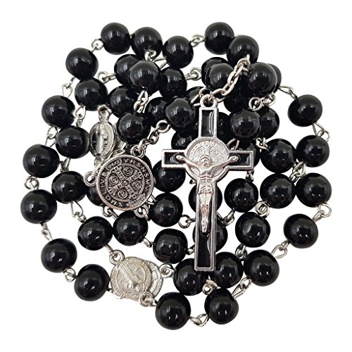 EZVFIRPDFZ Schwarze Glas-Rosenkranz-Halskette für Herren, Heiliger Benedikt, Medaille und Kreuz Kruzifix in Box von EZVFIRPDFZ
