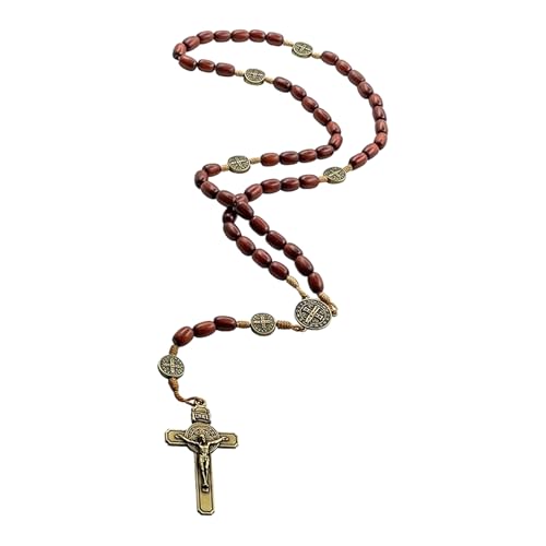 EZVFIRPDFZ St. Benedikt Holzperlen Schnur-Rosenkranz für Damen und Herren mit St. Benito Kruzifix und Medaille. Hergestellt in Brasilien von EZVFIRPDFZ