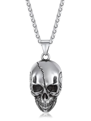 EZVFIRPDFZ Totenkopf-Halsketten für Herren, zersplitterter Edelstahl-Skelettkopf/roter Totenkopf, künstlicher Diamant-Anhänger, Halloween-Kostüm, mit Geschenkbox von EZVFIRPDFZ