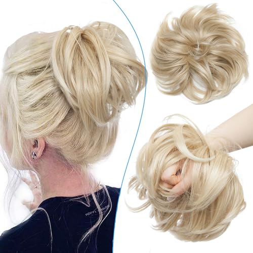 Unordentliche Hochsteckfrisur-Dutts für Frauen, synthetische Pferdeschwanz-Haargummis, Donut-Chignon-Haarteile, Extensions, Aschblond bis Bleichblond von EZVFIRPDFZ