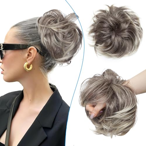 Unordentliche Hochsteckfrisur-Dutts für Frauen, synthetische Pferdeschwanz-Haargummis, Donut-Chignon-Haarteile, Extensions, Aschblond bis Bleichblond von EZVFIRPDFZ