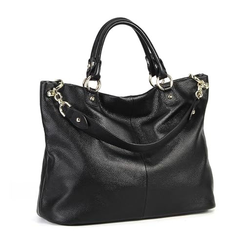 EZZON Echtes Leder Damen Handtasche Frauen Solide Casual Tote Bag Luxus Große Kapazität Elegant Crossbody Tasche Pendler Tasche, Schwarz , 35-28-15cm von EZZON