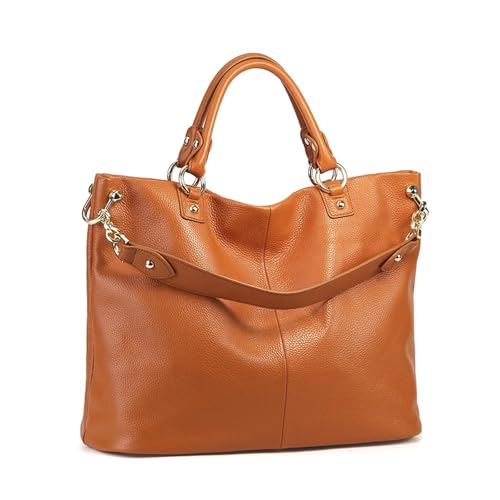 EZZON Echtes Leder Damen Handtasche Frauen Solide Casual Tote Bag Luxus Große Kapazität Elegant Crossbody Tasche Pendler Tasche, braun, 35-28-15cm von EZZON