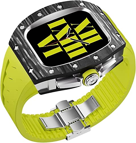 EZZON Für Apple Watch 8, 7, 65/4/SE, 44 mm, 45 mm, Karbonfaser-Uhren-Mod-Kit, Gummibandschlaufen, RM-Stil, Lünette, Fluorkautschuk-Armband mit Edelstahl-Verschluss für Herren, 45 mm, Achat von EZZON