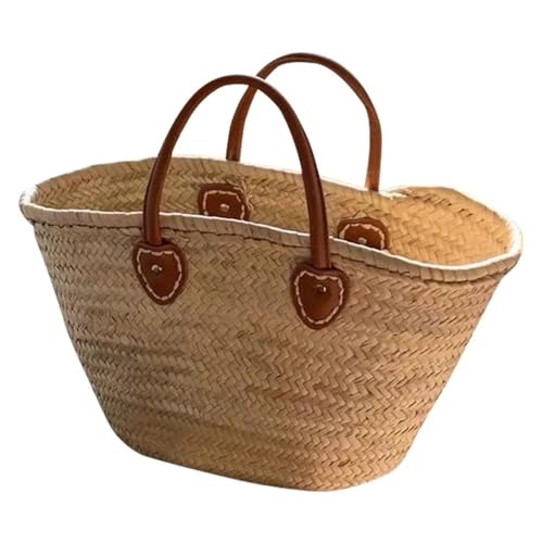 EZZON Große handgefertigte Sommertasche, Damen, Strandtasche, Strandtasche, Strandtasche, Rattan, geknoteter Griff oben, Handtaschen, Reisetaschen, khaki, Einheitsgröße von EZZON