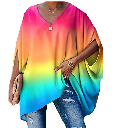 Damen Druck Kurz Fledermaus Ärmel T-Shirt Baggy Irregular V-Ausschnitt Lange Tunika Bluse Top Plus Size von each women