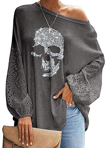 Damen Langarm-Tunika-Tops mit Totenkopf-Motiv, lässig, lockere Schulterpartie, 74, Large von Each women