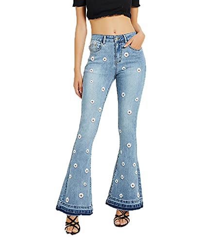 Each women Damenjeans GäNseblüMchen Bestickte Jeans-Hose Mit Weitem Bein Damen Hoch Taillierte, Schmale, Ausgestellte Jeans von Each women